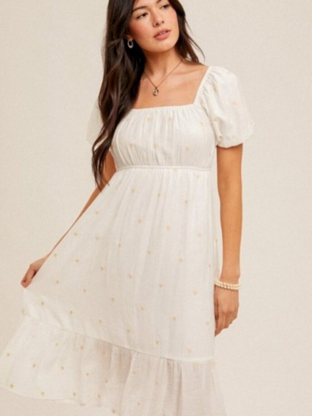 HEM & THREAD Bubble Sleeve Heart Embroidered Dress White NWT - Picture 4 of 8